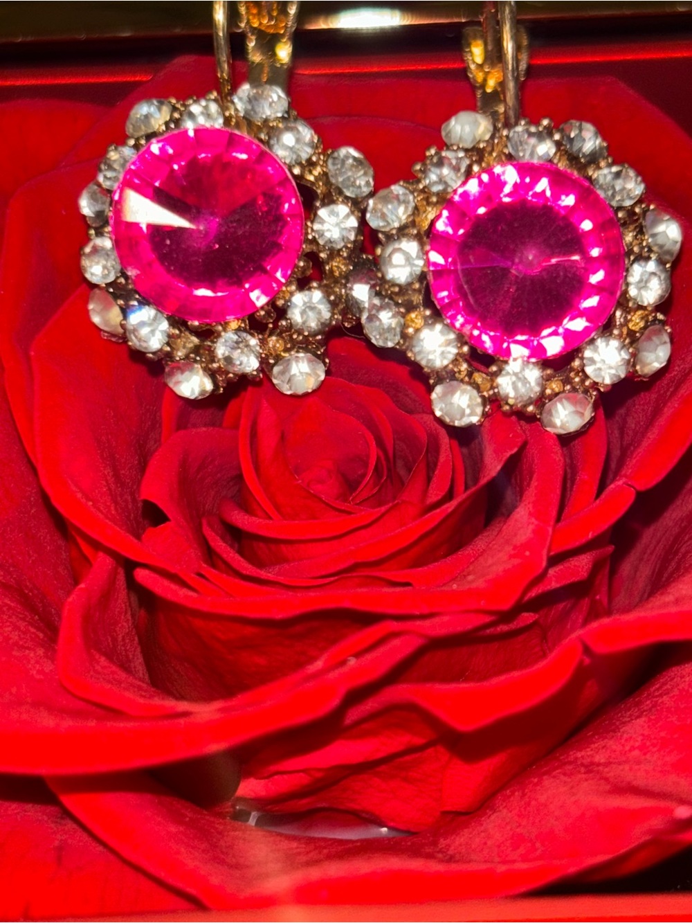 Pink Crystal Drop Earrings - Gold-tone Halo Design